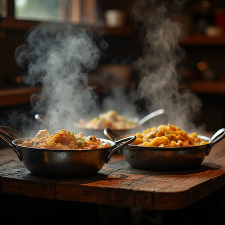 Bowls of spicy Indian curry on a rustic wooden tableの素材