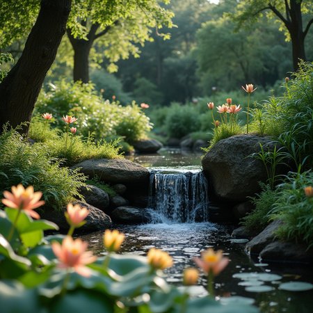Beautiful spring garden with blooming flowers and a small waterfall.の素材