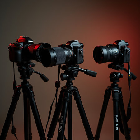 Professional digital camera on tripod on gradient background. 3D rendering.の素材