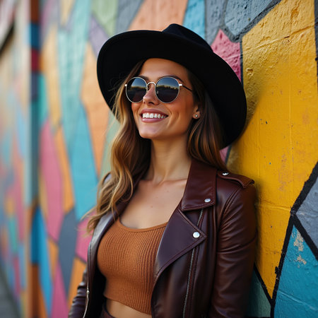 Portrait of a beautiful young woman in a hat and sunglasses against a colorful graffiti wall.の素材