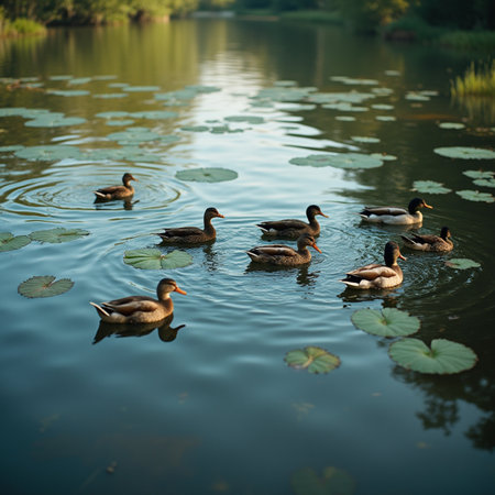 Ducks swimming on the lake in the park. beautiful nature backgroundの素材