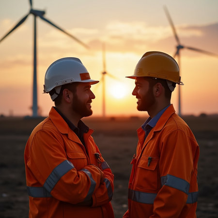 Engineer and technician looking at wind turbine on construction site at sunsetの素材