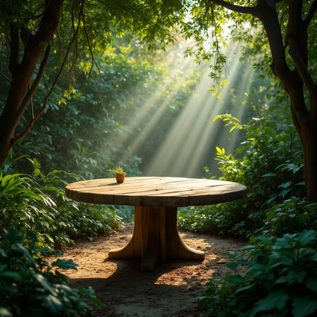 Wooden table in the forest with sun rays and lens flare.の素材