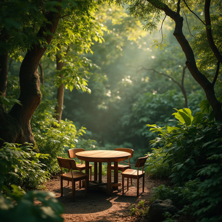 Wooden table and chairs in a green forest with sunbeamsの素材