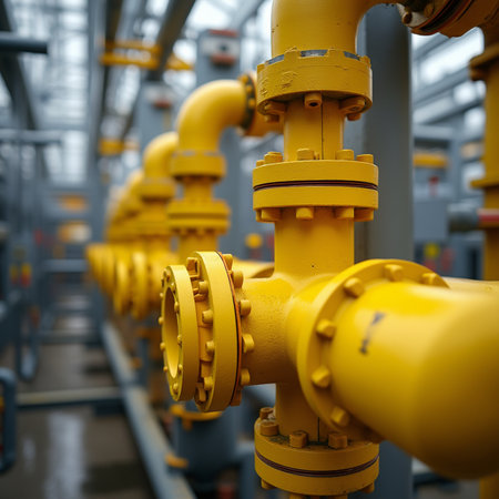 Industrial pipelines and valves in a factory, shallow depth of fieldの素材