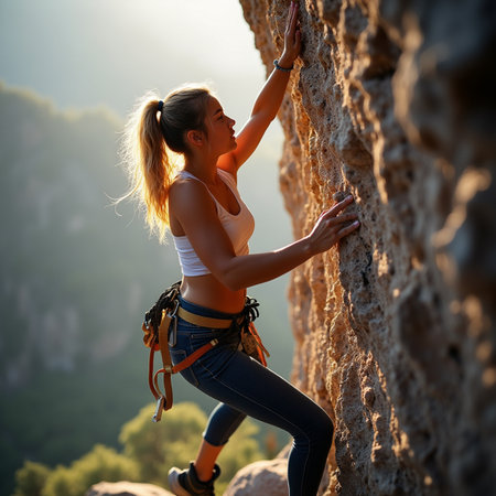 Young woman rock climber climbs on a rocky wall at sunset.の素材