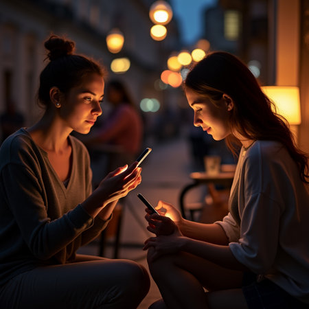 Two beautiful young women using mobile phones in the city at night.の素材