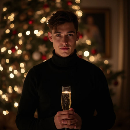 Handsome young man with a glass of champagne on the background of the Christmas treeの素材