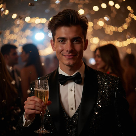 Image of handsome young man in suit holding glass of champagne and looking at cameraの素材
