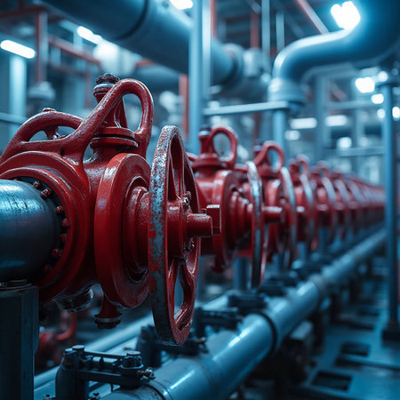 Industrial zone, Steel pipelines and valves in blue tones. Industry backgroundの素材