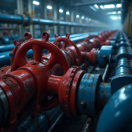 Industrial zone, Steel pipelines, valves and cables in a factoryの素材