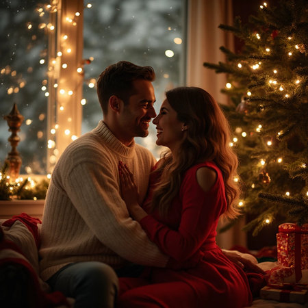 Beautiful young couple in love at home near the Christmas tree.の素材