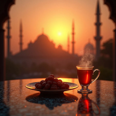 Cup of tea with rasberry and blue mosque silhouette on backgroundの素材