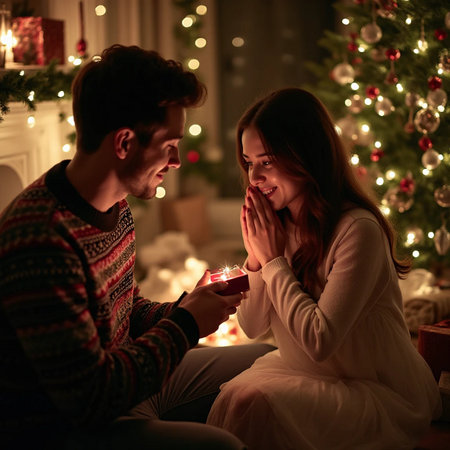 Beautiful young couple in love sitting on floor near fireplace and Christmas tree at homeの素材