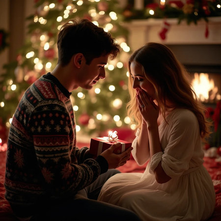 Romantic young couple sitting on the floor by the fireplace and opening a gift boxの素材