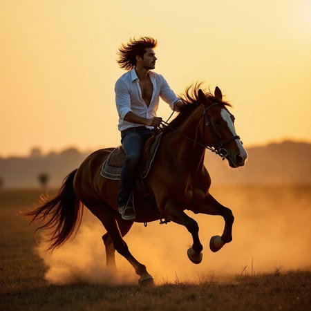 Young man riding a horse in the field at sunset. Backlightの素材