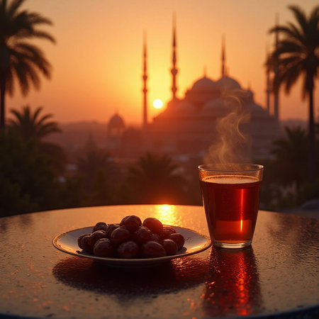 Turkish tea with dates on the background of the mosque at sunset.の素材