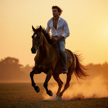 Handsome young man riding a horse on a field at sunsetの素材