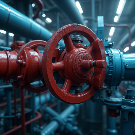 Valves and piping as found inside of a modern industrial power plantの素材