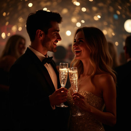 Newlyweds clinking glasses with champagne at party in clubの素材