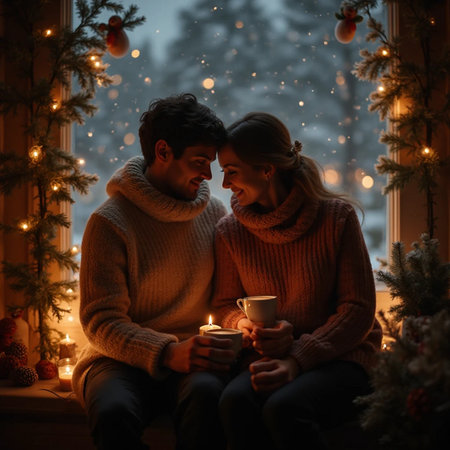 Couple in warm sweaters sitting on windowsill with cup of hot drink and looking at winter landscapeの素材