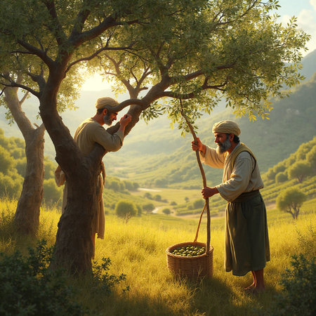 Two farmers harvesting olives in a vineyard in the morning lightの素材