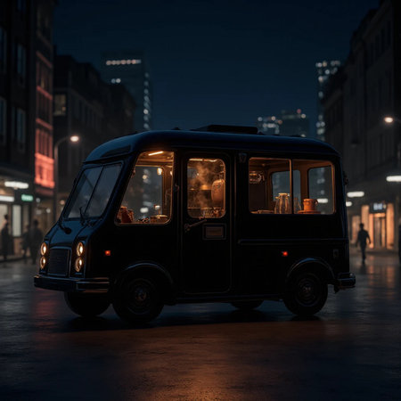 Vintage van at night. Street food truck in the city.の素材