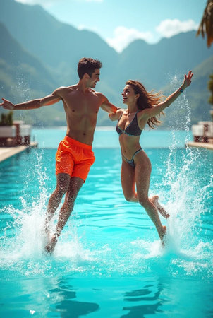 Happy couple jumping into swimming pool with splashes of water on backgroundの素材
