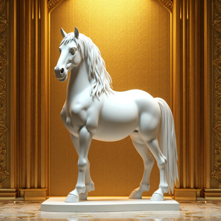 White horse on a golden background. 3D illustration. 3D renderingの素材