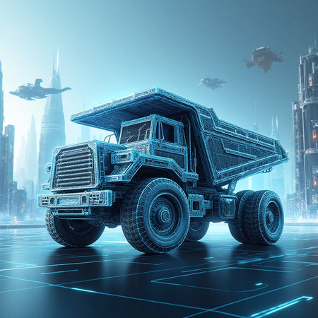 3d rendering of a dump truck on a dark background with a spaceshipの素材