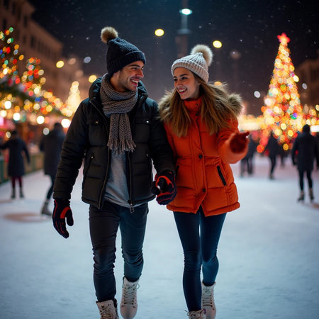 Couple skating on ice rink at night. Winter holidays concept.の素材