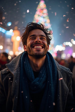 Portrait of a handsome young man smiling at the Christmas marketの素材