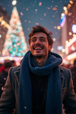 Handsome young man laughing and having fun at the Christmas market.の素材