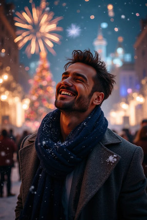 Happy young man with Christmas tree in the city at night time.の素材