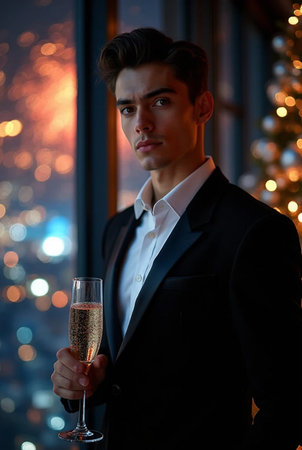Handsome young man in elegant suit with glass of champagne.の素材