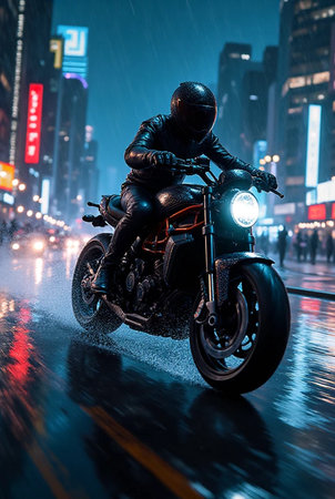 Motorcyclist riding on a motorcycle in the rain. Night city.の素材