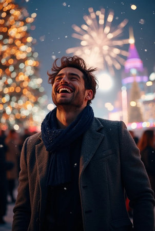 Handsome young man celebrating New Year and Christmas in the city.の素材