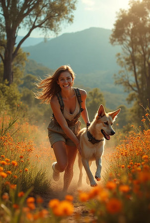 Happy young woman walking with her dog in the field of poppiesの素材