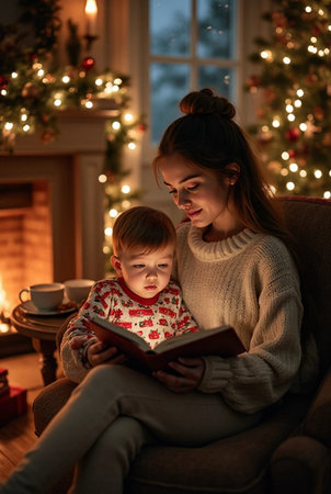 Mother and son reading a book by the fireplace at Christmas time.の素材