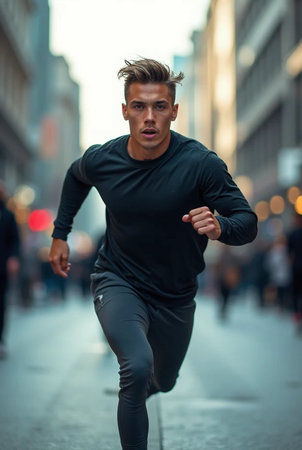 young man jogging in the city at early morning with motion blur effectの素材