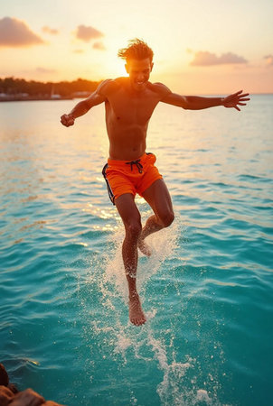 Happy young man jumping in the sea at sunset. Summer holidays concept.の素材