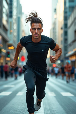 Young handsome man running in the city at early morning. Healthy lifestyle concept.の素材