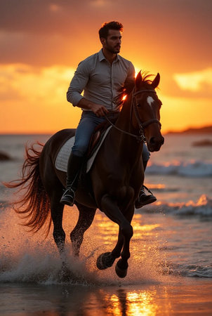 Horse rider riding on the beach at sunset. Equestrian sportの素材