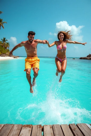 happy young romantic couple in love have fun running and jumping on beautiful beachの素材