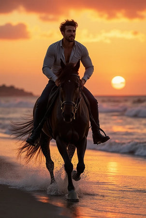 Handsome young man riding a horse on the beach at sunsetの素材