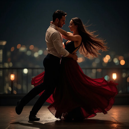 Young couple dancing ballroom dance on the rooftop with city view at nightの素材