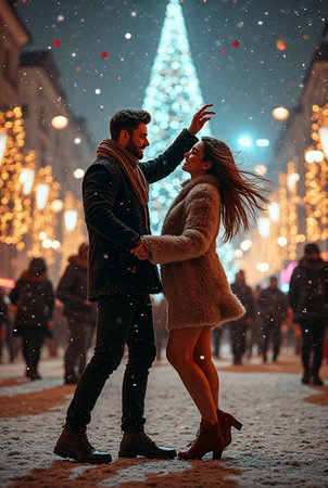 Young couple in love on the background of a Christmas tree in Moscowの素材