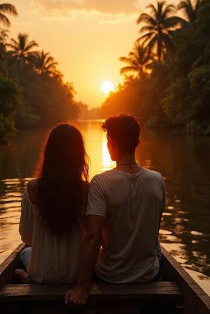 Back view of young couple sitting in boat on the river at sunsetの素材