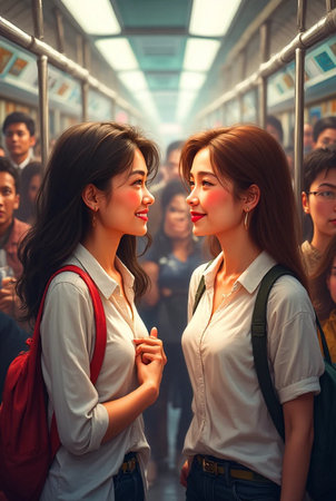 Group of young Asian women traveling by train in the city.の素材