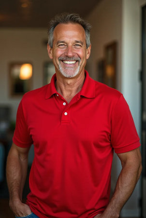 Portrait of smiling senior man in red polo shirt at homeの素材
